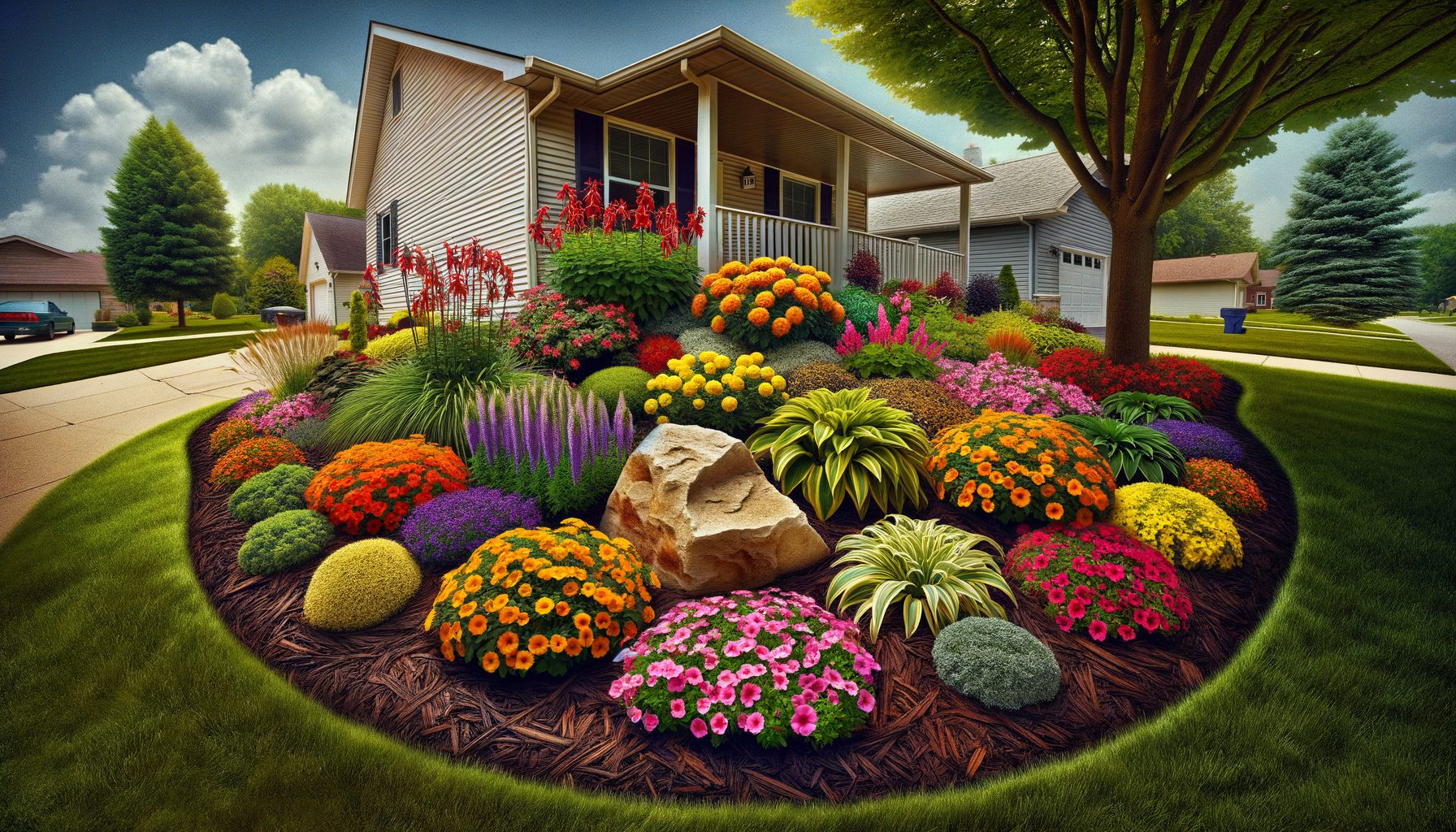 Full front yard landscape renovation with new plantings and mulch beds