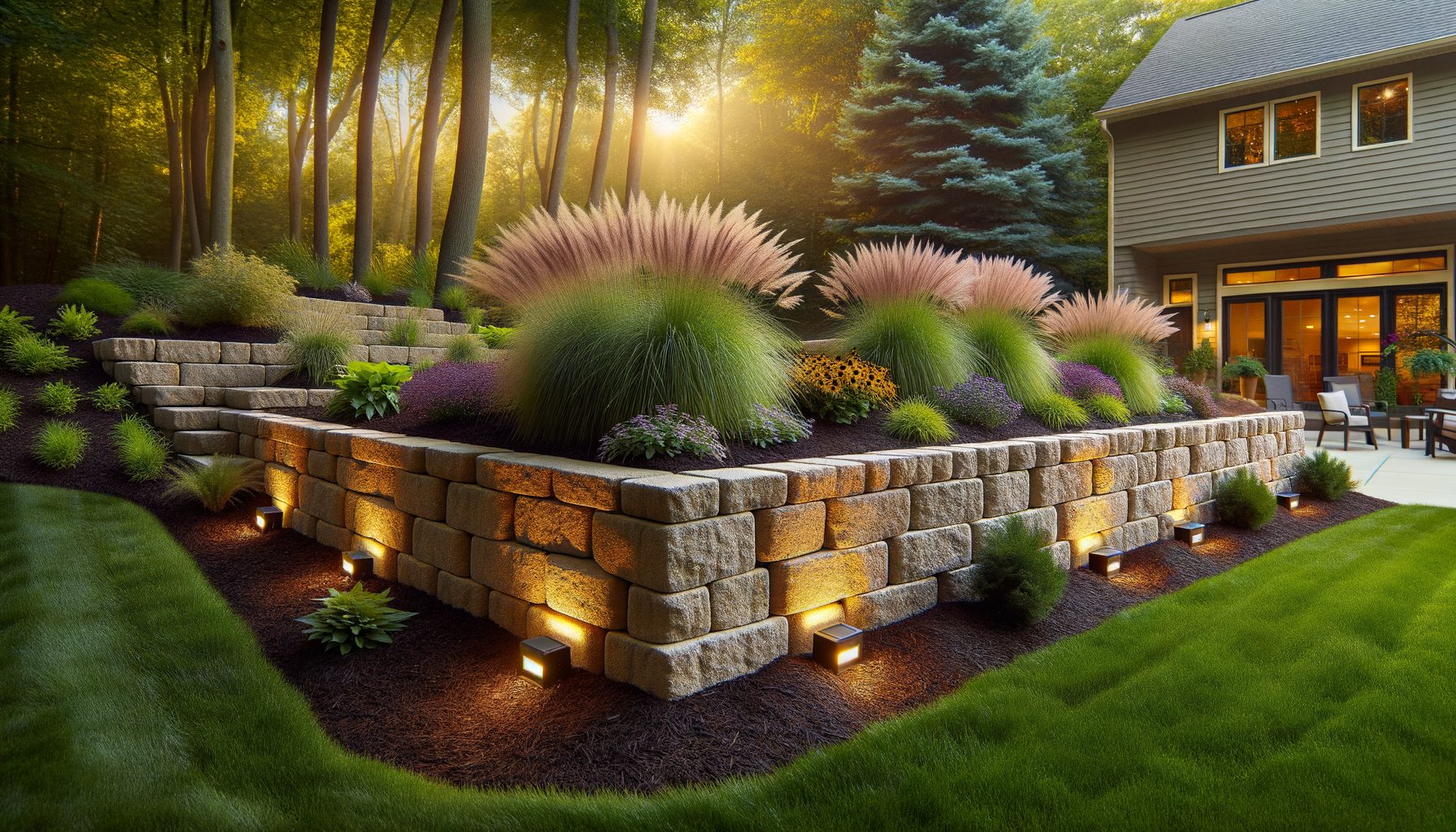 Natural stone retaining wall with established plantings along a sloped yard