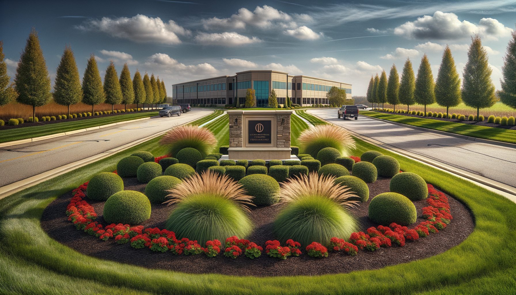 Well-maintained commercial property with clean landscaping, trimmed hedges, and mulched beds