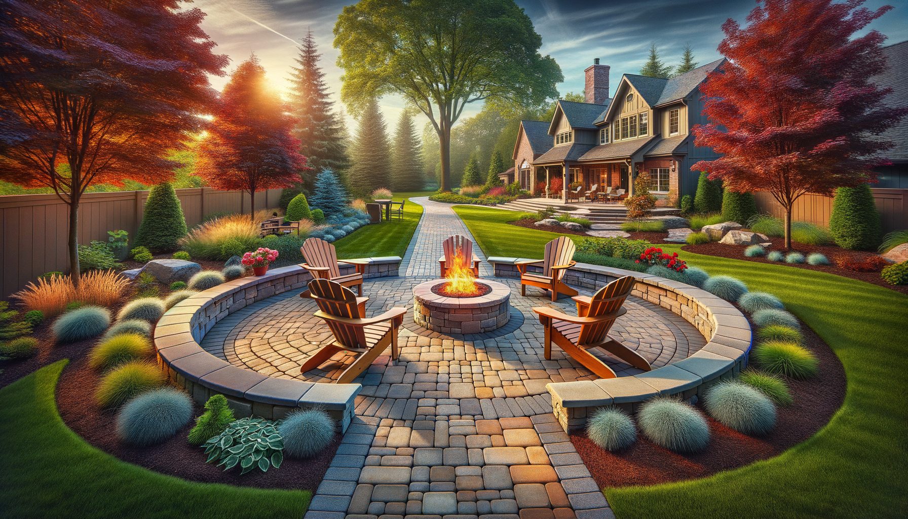 Completed paver patio with a stone fire pit area surrounded by professional landscaping in a backyard setting