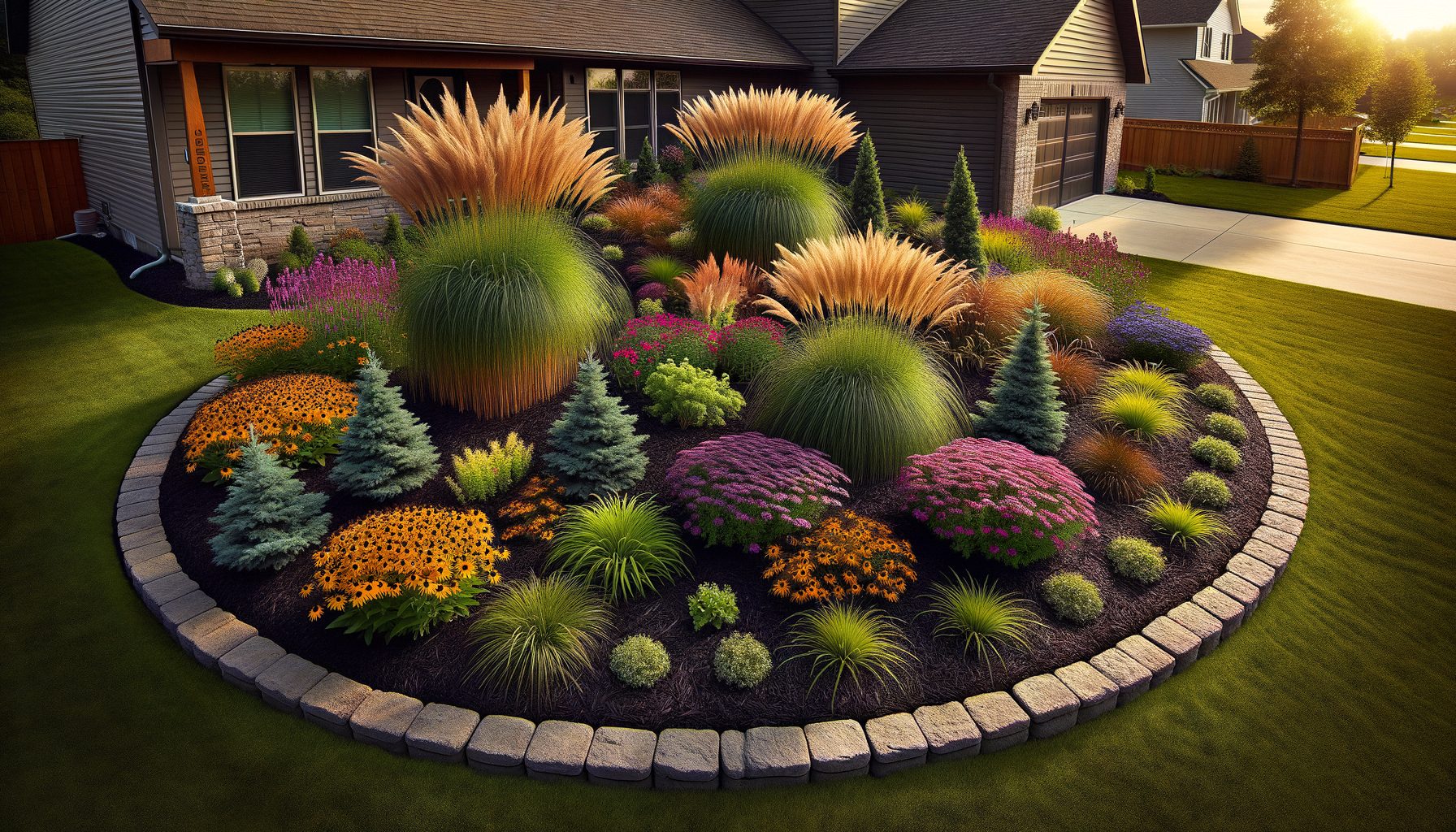 Professionally designed landscape installation with layered plantings, ornamental trees, and fresh mulch in a residential front yard