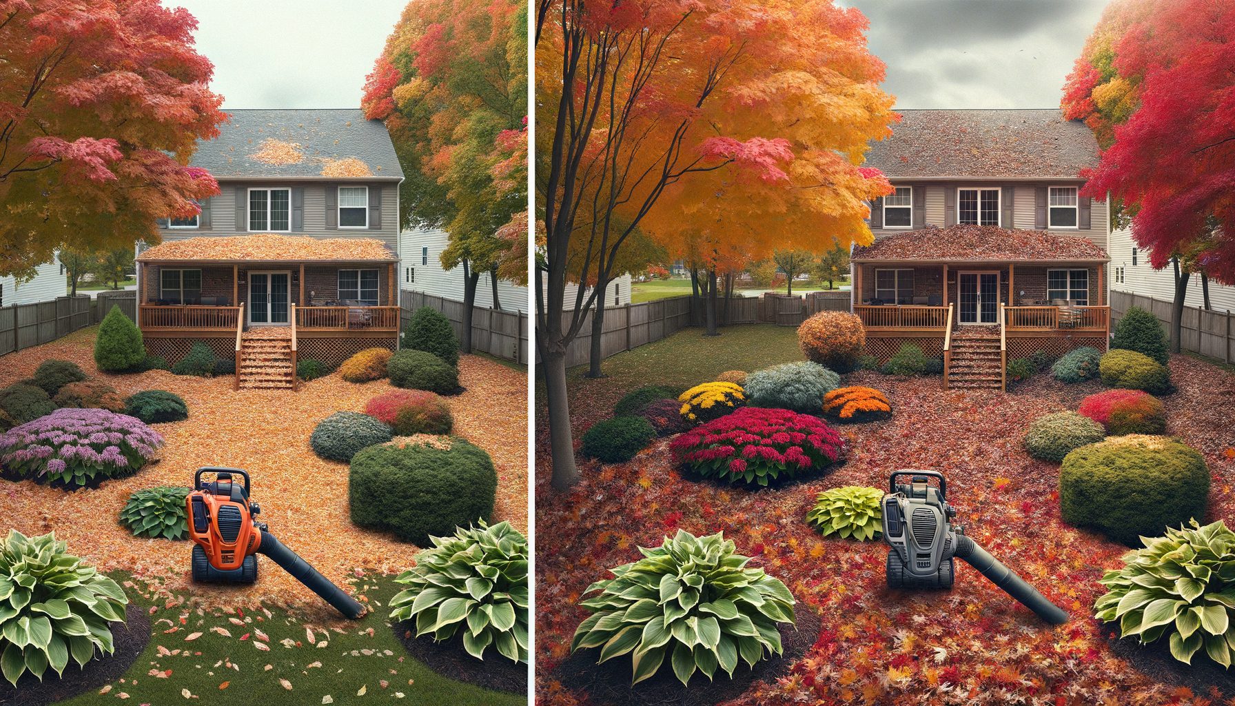 Landscaped yard during spring with fresh mulch in flower beds and blooming perennials