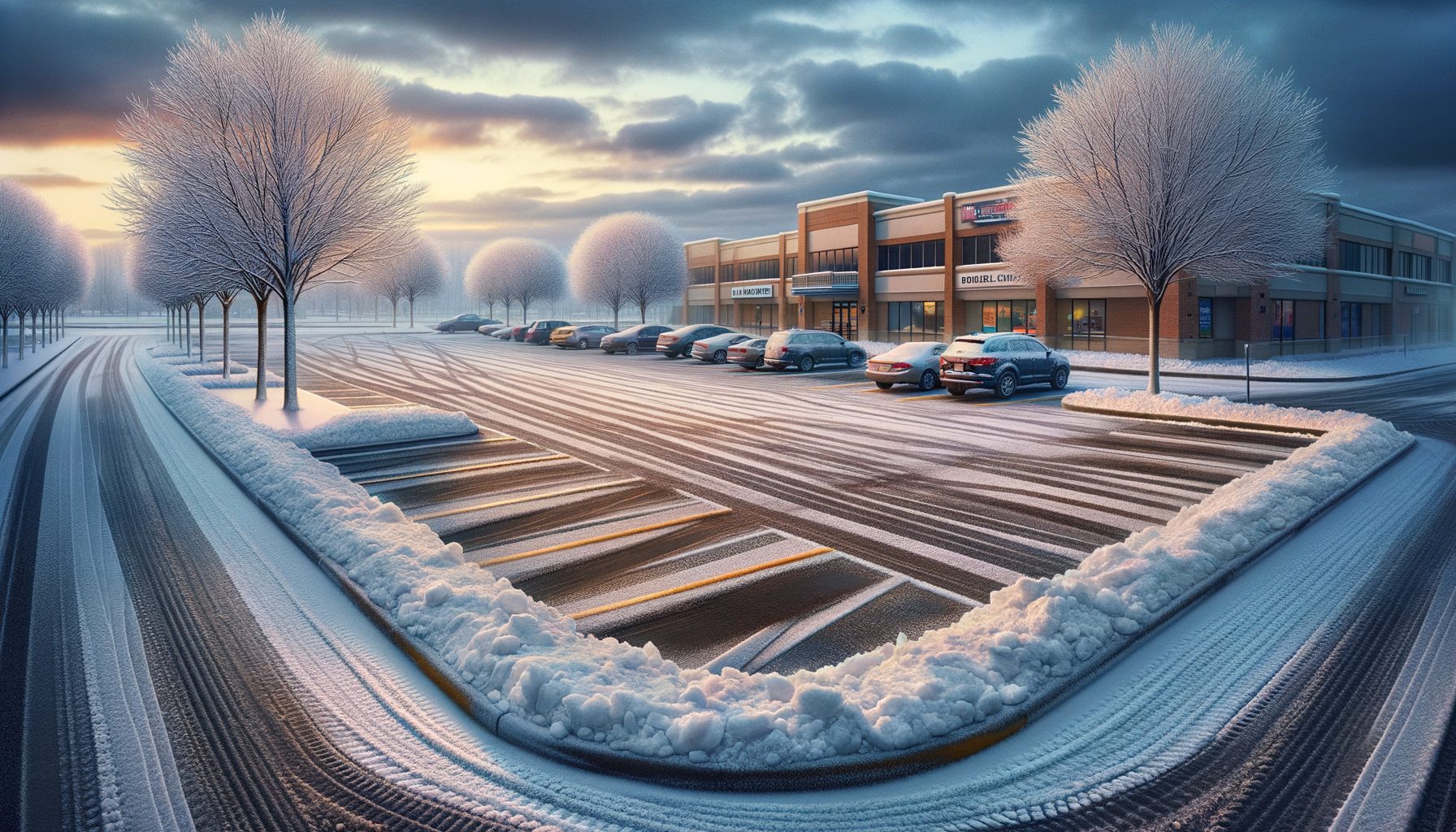 Cleared residential driveway and walkway after snowfall with snow-covered lawn on either side